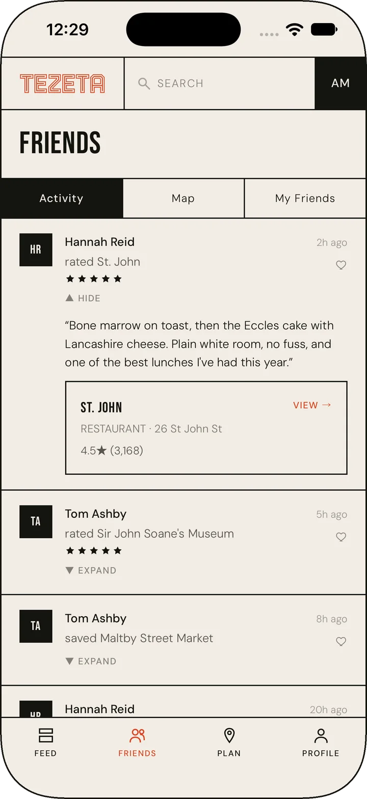 The Tezeta friends page on iPhone: a list of friends’ recent ratings and saves