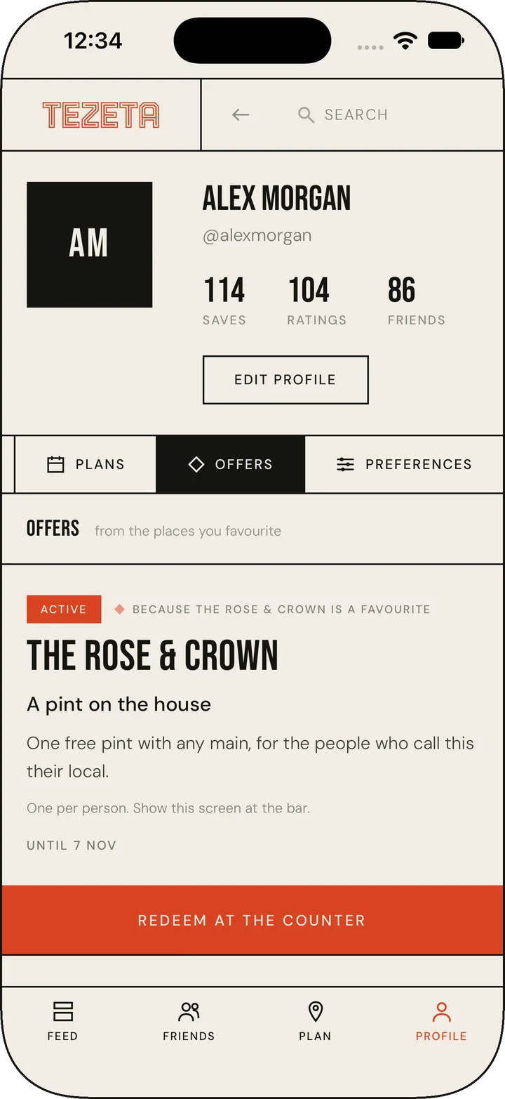 A Tezeta offer on iPhone from a favourite pub, with a button to redeem it at the counter